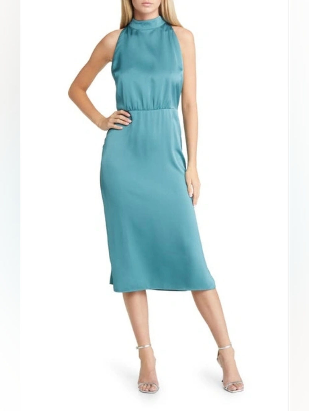 Sam Edelman Teal Satin Halter Midi Dress *Tiny Defects*